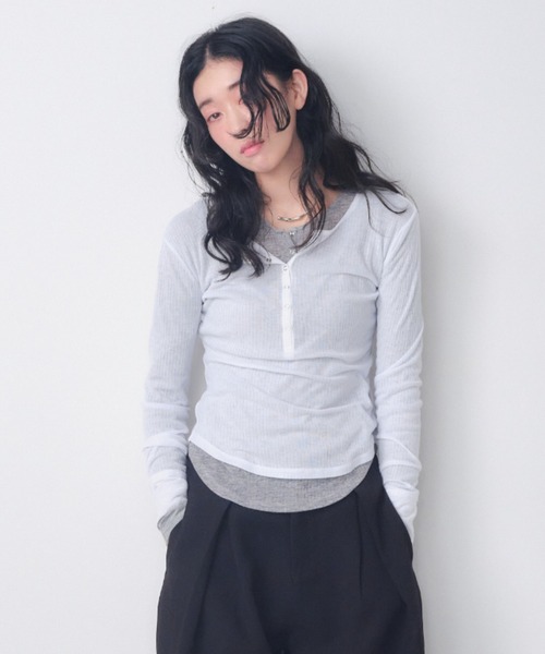 セール】シアーリブヘンリーネックロンT（Tシャツ/カットソー