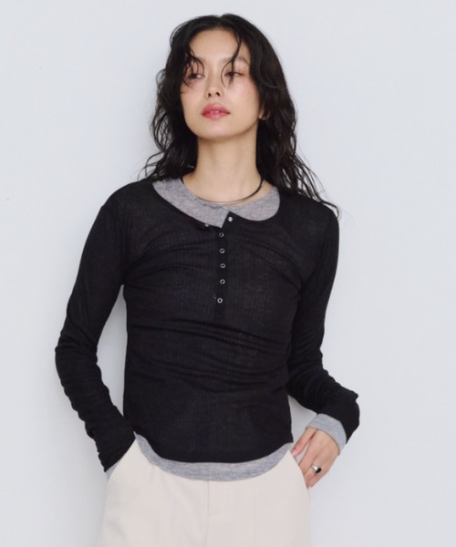 Shelly island(シェリーアイランド)の「シアーリブヘンリーネックロンT(Tシャツ/カットソー・レディース・ブラック/ホワイト/ボルドー/ベージュ/ピンク/グレー・FREE)」の13枚目の写真