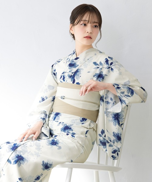 初心者OK♪ セパレート大人浴衣 3部式＆おはしょりベルト付き 帯セット涼しい おはしょり付きセパレート浴衣-2点セット[紺地に藤] | 風流鈴