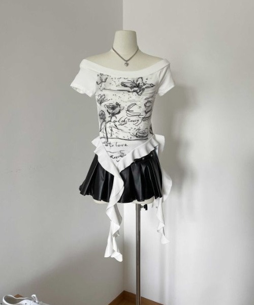 SHEPP(シープ)の「2wayオフショル フロントプリント フリルTシャツ(Tシャツ/カットソー・レディース・ホワイト/ブラック・F)」の5枚目の写真