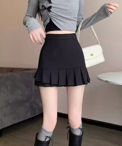 Lace Ladies（レースレディース）の「ソリッドカラー 裾プリーツ 台形 ミニ スカート（スカート・レディース・ブラック/グレー・S/M/L/XL）」の3枚目の写真