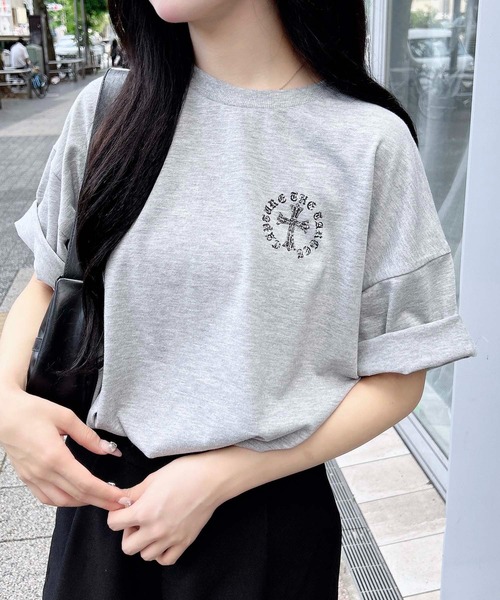 セール】バックラインストーンクロスロゴチュニックTシャツ（Tシャツ