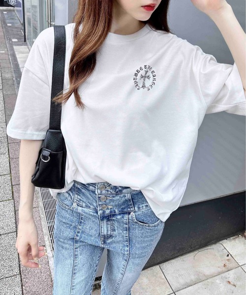 セール】バックラインストーンクロスロゴチュニックTシャツ（T