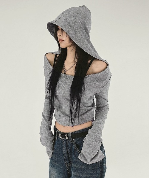 gossip!ロサンゼルス(ゴシップロサンゼルス)の「【Y2Kガーリー】オフショルフーディー長袖Tシャツ(Tシャツ/カットソー・レディース・グレー・FREE)」の4枚目の写真