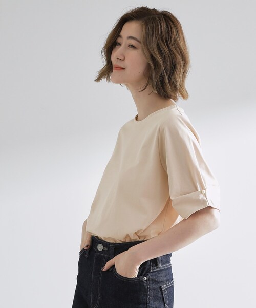 grove(グローブ)の「きちんと感と女性らしさ、二の腕カバーが一枚で叶う 袖口パール調ボタンプルオーバー(Tシャツ/カットソー・レディース・ブルー系その他/ネイビー/ピンク/ナチュラル・03/02/01/04/05)」の9枚目の写真