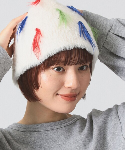 Ray BEAMS（レイビームス）の「カラー フリンジ ニット帽（ニットキャップ/ビーニー・レディース・ホワイト/ブラック・ONE SIZE）」の2枚目の写真