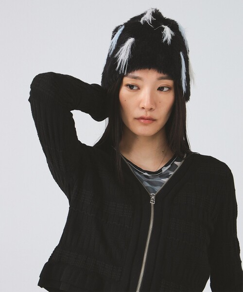 Ray BEAMS（レイビームス）の「カラー フリンジ ニット帽（ニットキャップ/ビーニー・レディース・ホワイト/ブラック・ONE SIZE）」の3枚目の写真