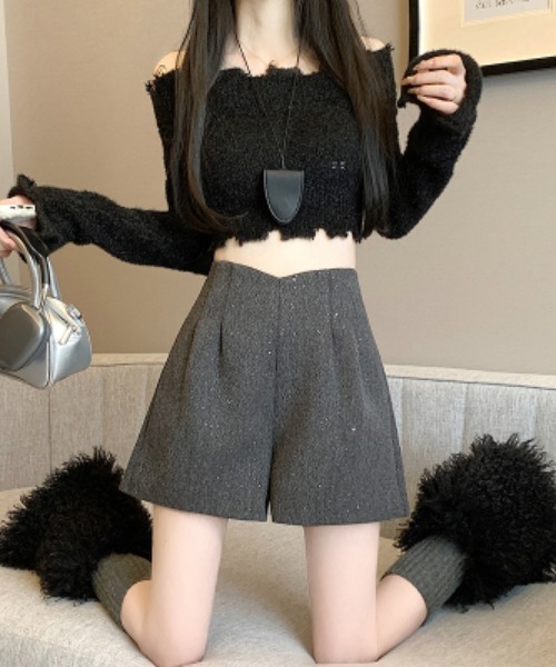 semuse(セミューズ)の「ラメハイウェストショートパンツ(その他パンツ・レディース・グレー/ブラック・M/S)」の1枚目の写真