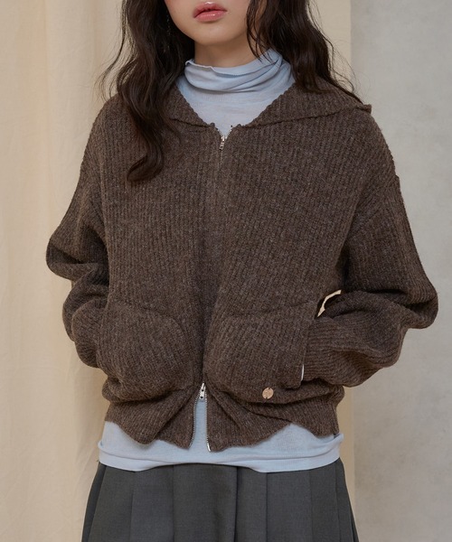 イレーヴ ブラウン ジップアップニット MUHET（ミュエータ）の「ribbed zip-up knit hoodie / リブニット