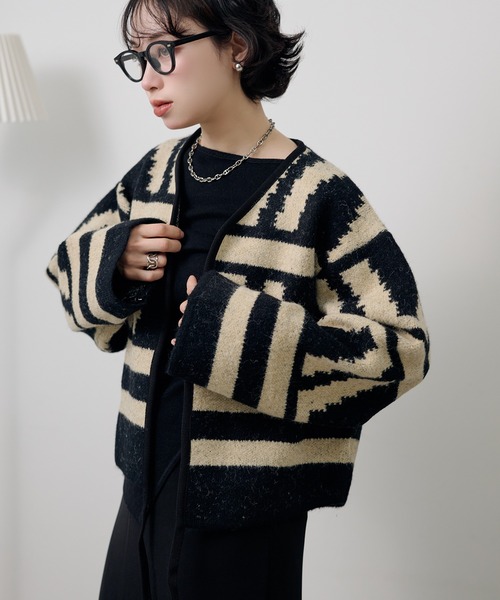 jacquard no collar knit jacket /配色ジャガード柄ノーカラーニット