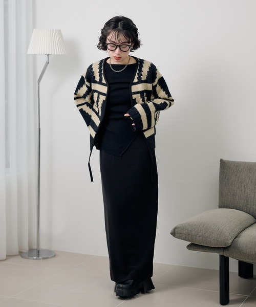 jacquard no collar knit jacket /配色ジャガード柄ノーカラーニット