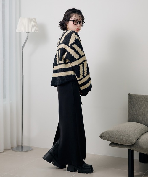 jacquard no collar knit jacket /配色ジャガード柄ノーカラーニット