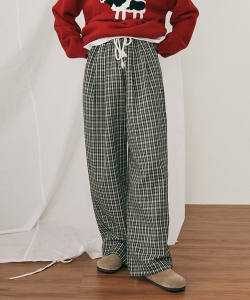 イタリア製チェックパンツ　ゴム付き ICHI Antiquite\u0027s タータンチェックパンツ ブラック