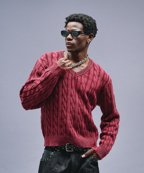 セール】Faded Cable V-neck Knit / フェードケーブルVネックニット