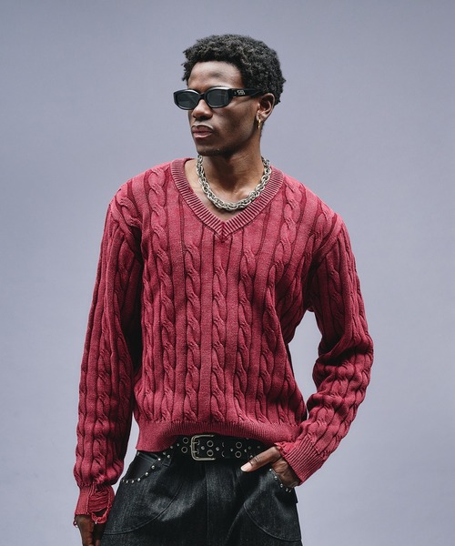 Faded Cable V-neck Knit / フェードケーブルVネックニット（ニット