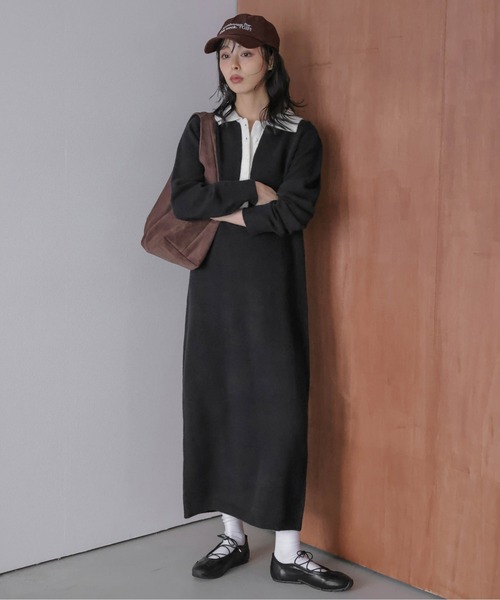 セール】バイカラーポロニットニットワンピース（ワンピース）｜La