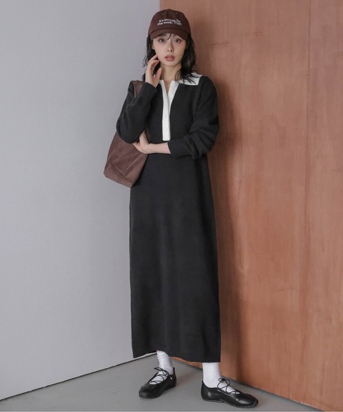 La-gemme（ラジェム）の「バイカラーポロニットニットワンピース（ワンピース・レディース・ブラック/グレー/ベージュ・フリー）」の6枚目の写真