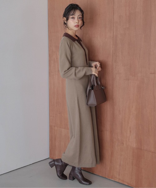 セール】バイカラーポロニットニットワンピース（ワンピース）｜La