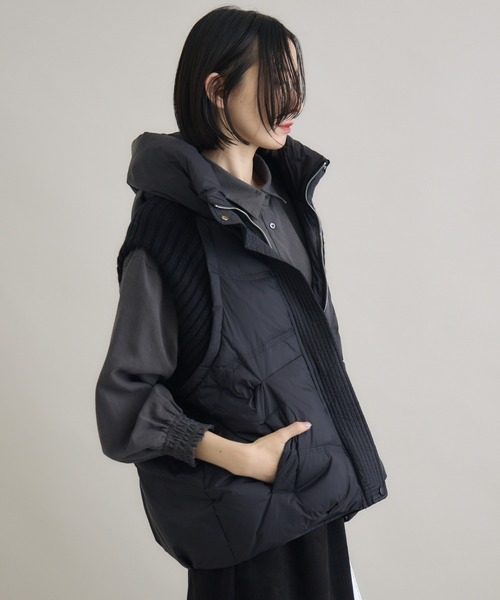 ニットドッキングダウンベスト フード ダウンベスト ブラック フード付き 中綿 セール】ニットドッキング中綿ベスト（ダウンベスト）｜Paradise