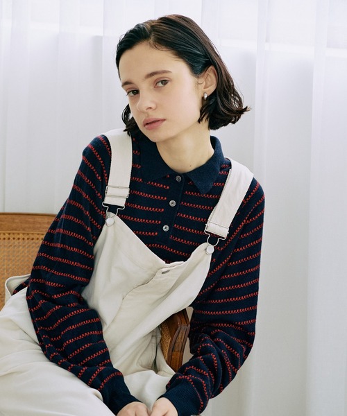 美品 45R プルオーバー ニット ドット ボーダー ウール 45R ニット プルオーバー 総柄 ドット 水玉 ボーダー 薄手 ウール