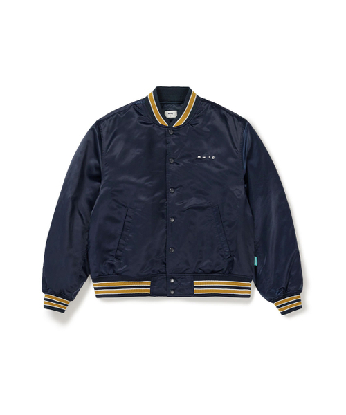 セール】[Mmlg] CPC SATIN VARSITY JACKET (NAVY)（スタジャン）｜MMLG