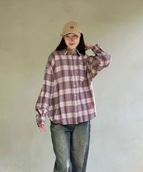 LOSSYROW(ロッシロー)の「Oversized checkered shirt Pink(シャツ/ブラウス・レディース・ピンク・FREE)」の2枚目の写真