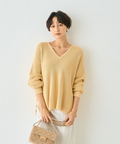 Rouge vif Anna（ルージュヴィフアンナ）の「片畦ハートVネックコットンプルオーバーニット/春服/手洗い可能（ニット/セーター・レディース・レモンイエロー/グレー・フリー）」の3枚目の写真