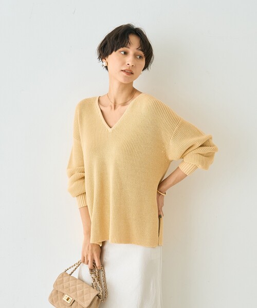Rouge vif Anna（ルージュヴィフアンナ）の「片畦ハートVネックコットンプルオーバーニット/春服/手洗い可能（ニット/セーター・レディース・レモンイエロー/グレー・フリー）」の4枚目の写真
