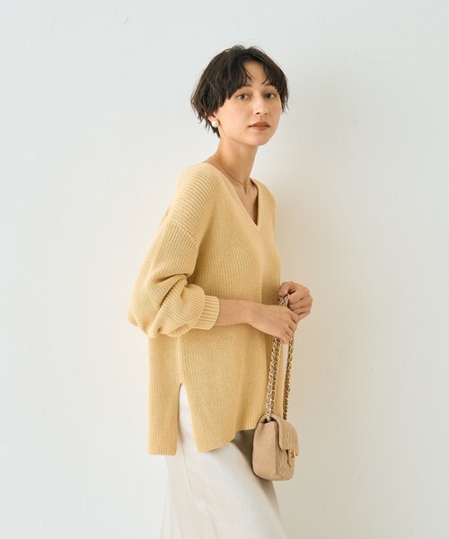 Rouge vif Anna（ルージュヴィフアンナ）の「片畦ハートVネックコットンプルオーバーニット/春服/手洗い可能（ニット/セーター・レディース・レモンイエロー/グレー・フリー）」の5枚目の写真