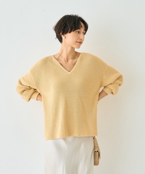 Rouge vif Anna（ルージュヴィフアンナ）の「片畦ハートVネックコットンプルオーバーニット/春服/手洗い可能（ニット/セーター・レディース・レモンイエロー/グレー・フリー）」の6枚目の写真