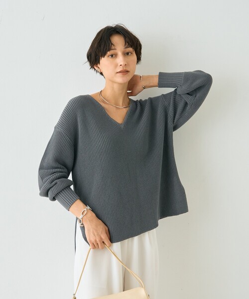 Rouge vif Anna（ルージュヴィフアンナ）の「片畦ハートVネックコットンプルオーバーニット/春服/手洗い可能（ニット/セーター・レディース・レモンイエロー/グレー・フリー）」の9枚目の写真