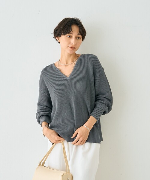 Rouge vif Anna（ルージュヴィフアンナ）の「片畦ハートVネックコットンプルオーバーニット/春服/手洗い可能（ニット/セーター・レディース・レモンイエロー/グレー・フリー）」の10枚目の写真