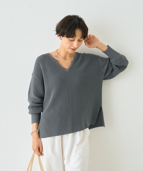 Rouge vif Anna（ルージュヴィフアンナ）の「片畦ハートVネックコットンプルオーバーニット/春服/手洗い可能（ニット/セーター・レディース・レモンイエロー/グレー・フリー）」の12枚目の写真