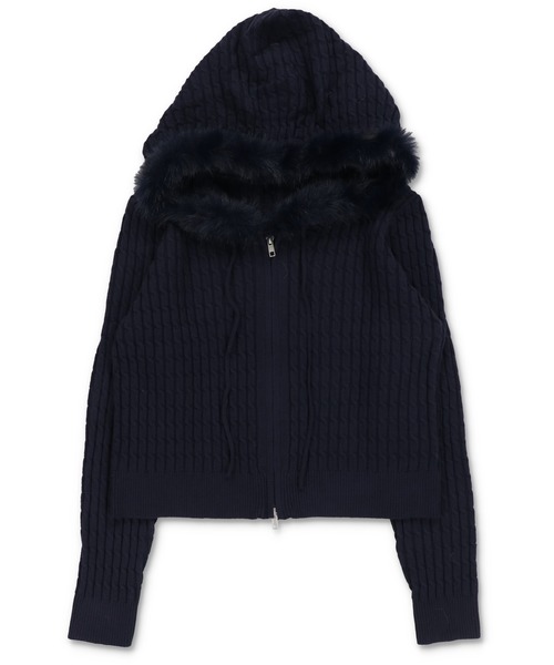 SPINNS(スピンズ)の「ふわもこファーフードで視線集中!ケーブル編みジップニットパーカー/5色展開(カーディガン/ボレロ・レディース・グレー/アイボリー/ブラック/ブラウン/ネイビー・ONESIZE)」の5枚目の写真