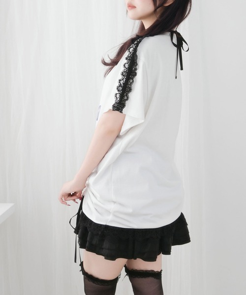 DearMyLove（ディアマイラブ）の「【ｻﾝﾘｵ×DML】ﾘﾎﾞﾝﾚｰｽﾋﾞｯｸﾞTｼｬﾂ（Tシャツ/カットソー・レディース・ホワイト×ブルー/ホワイト×ピンク/ホワイト×ブラック・M～Ｌ/LL～3L）」の9枚目の写真