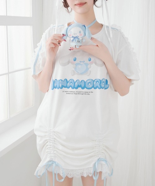 DearMyLove（ディアマイラブ）の「【ｻﾝﾘｵ×DML】ﾘﾎﾞﾝﾚｰｽﾋﾞｯｸﾞTｼｬﾂ（Tシャツ/カットソー・レディース・ホワイト×ブルー/ホワイト×ピンク/ホワイト×ブラック・M～Ｌ/LL～3L）」の12枚目の写真