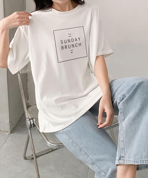 LOWO(ロワ)の「英字ロゴプリントオーバーサイズ半袖Tシャツ(コットン/カジュアル)(Tシャツ/カットソー・レディース・ネイビー/ホワイト/グレー・FREE)」の5枚目の写真