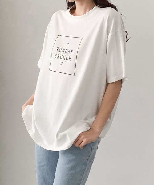 LOWO(ロワ)の「英字ロゴプリントオーバーサイズ半袖Tシャツ(コットン/カジュアル)(Tシャツ/カットソー・レディース・ネイビー/ホワイト/グレー・FREE)」の6枚目の写真