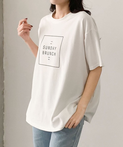 LOWO(ロワ)の「英字ロゴプリントオーバーサイズ半袖Tシャツ(コットン/カジュアル)(Tシャツ/カットソー・レディース・ネイビー/ホワイト/グレー・FREE)」の7枚目の写真