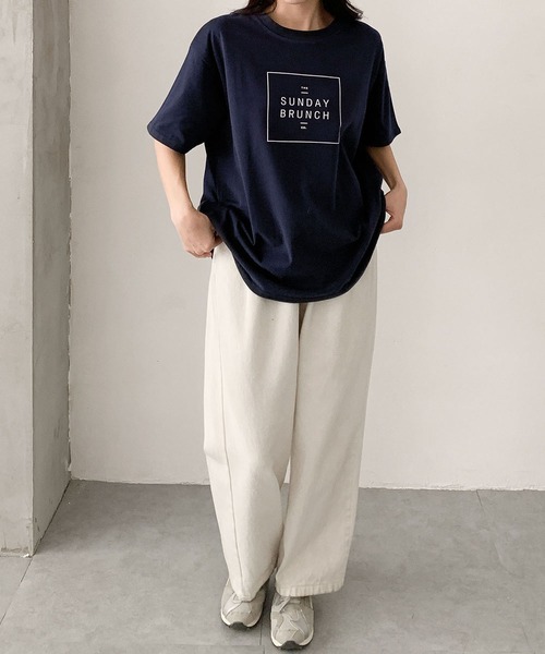 LOWO(ロワ)の「英字ロゴプリントオーバーサイズ半袖Tシャツ(コットン/カジュアル)(Tシャツ/カットソー・レディース・ネイビー/ホワイト/グレー・FREE)」の9枚目の写真