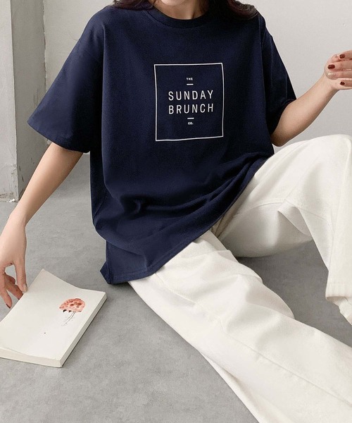 LOWO(ロワ)の「英字ロゴプリントオーバーサイズ半袖Tシャツ(コットン/カジュアル)(Tシャツ/カットソー・レディース・ネイビー/ホワイト/グレー・FREE)」の10枚目の写真
