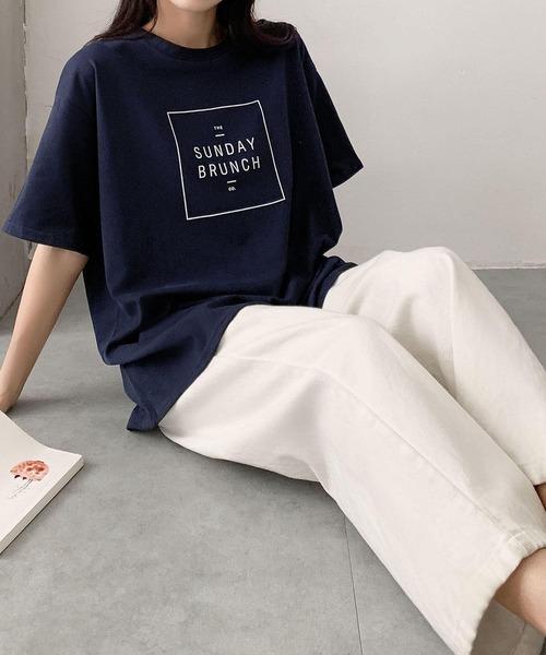 LOWO(ロワ)の「英字ロゴプリントオーバーサイズ半袖Tシャツ(コットン/カジュアル)(Tシャツ/カットソー・レディース・ネイビー/ホワイト/グレー・FREE)」の12枚目の写真