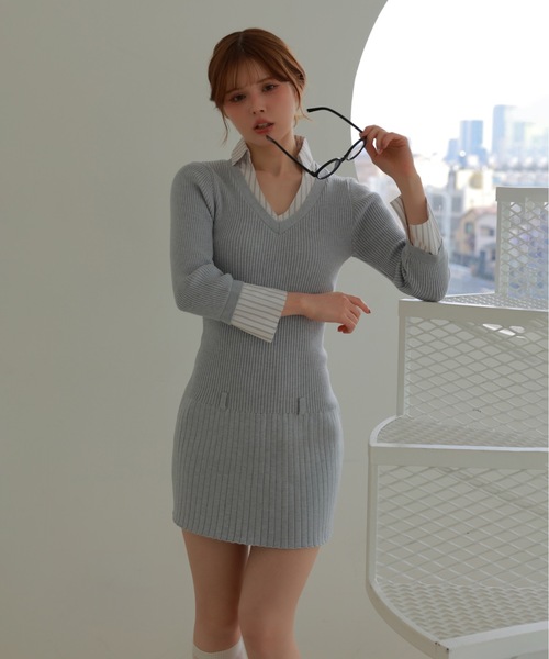 M DOLLY(エムドリー)の「stripe shirt sereno mini dress/ストライプシャツセレーノミニドレス(ワンピース・レディース・グレー/ベージュ・FREE)」の3枚目の写真