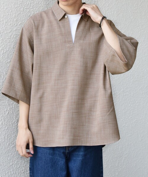 SHIPS any（シップス エニィ）の「SHIPS any:〈洗濯機可能〉FUTURE LINEN CANVAS リネンライク スキッパー プルオーバーシャツ◇（シャツ/ブラウス・メンズ・オリーブ/ネイビー/ブルー/ブラウン/ダークブルー/ブラウン系その他・LARGE/MEDIUM/SMALL）」の2枚目の写真