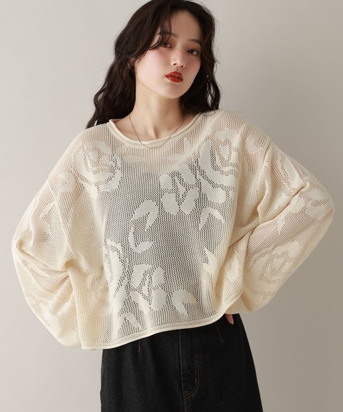 RAGEBLUE（レイジブルー）の「透かし編み/フラワーモチーフニット（ニット/セーター・レディース・オフホワイト/ブラック・FREE）」の2枚目の写真