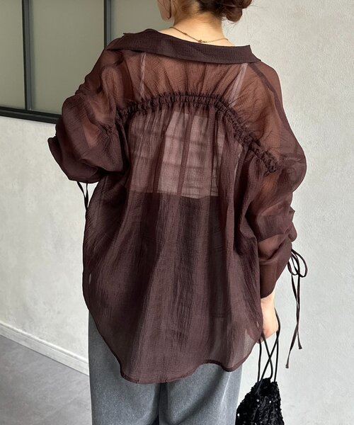 Thevon(ゼボン)の「ラメワッシャー袖シャーリングシアーシャツ(シャツ/ブラウス・レディース・ピンク/ブラウン/サックスブルー/アイボリー・FREE)」の3枚目の写真