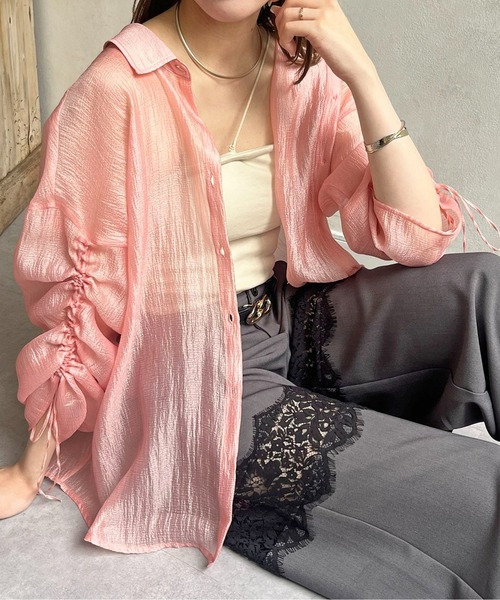 ラメワッシャー袖シャーリングシアーシャツ（シャツ/ブラウス