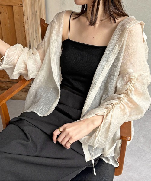 Thevon(ゼボン)の「【新色登場!】ラメワッシャー袖シャーリングシアーシャツ(シャツ/ブラウス・レディース・ピンク/ブラウン/サックスブルー/アイボリー/グリーン/オレンジ・FREE)」の1枚目の写真