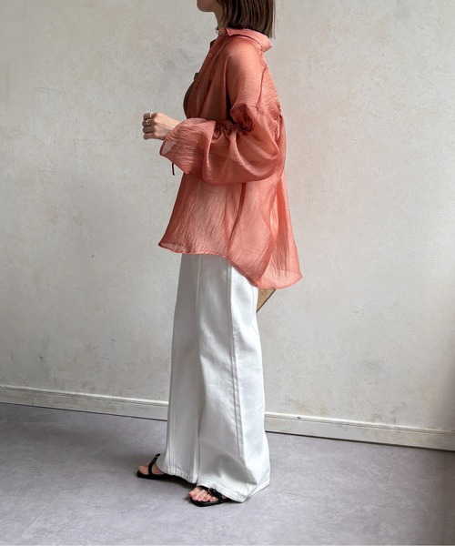 Thevon(ゼボン)の「【新色登場!】ラメワッシャー袖シャーリングシアーシャツ(シャツ/ブラウス・レディース・ピンク/ブラウン/サックスブルー/アイボリー/グリーン/オレンジ・FREE)」の9枚目の写真