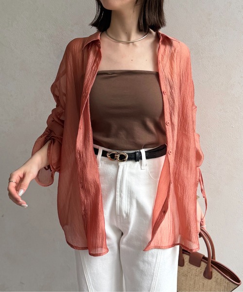 Thevon(ゼボン)の「【新色登場!】ラメワッシャー袖シャーリングシアーシャツ(シャツ/ブラウス・レディース・ピンク/ブラウン/サックスブルー/アイボリー/グリーン/オレンジ・FREE)」の14枚目の写真